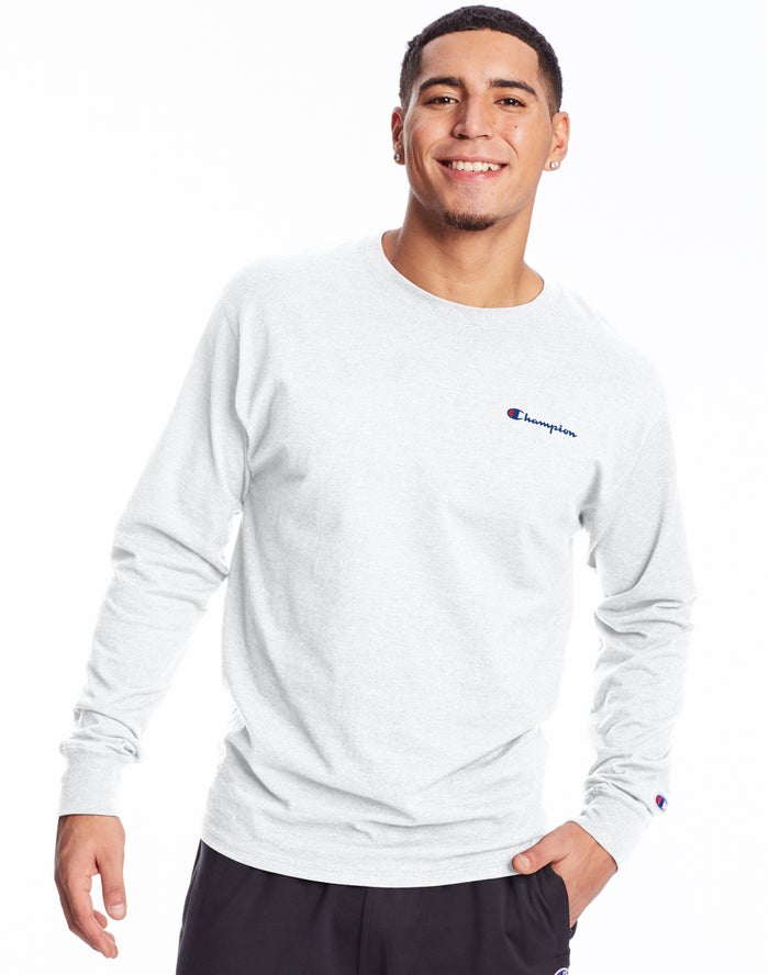 Champion Classic Jersey Long-Sleeve Script Logo Erkek Tişört Beyaz ( OICRBX154 )